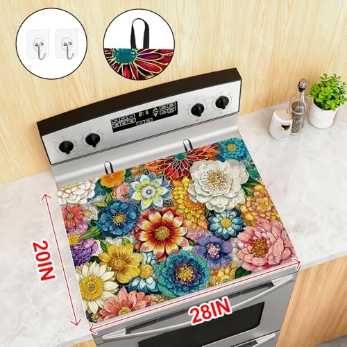 Boho Floral Stove Top Cover for Electric Stove, Bohemia Ethnic Style Range Covers for Electric Stove, Rubber Dish Drying Mat, Glass Cooktop Covers, Flat RV Range top Mats, 28"x20" - Image 2