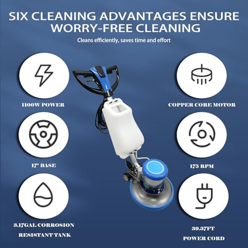 110V Floor Polisher Commercial Floor Scrubber Machine 17" Cleaning Path Carpet Buffer Scrubber with 3.1gal Water Tank 175Rpm 1100W, for Marble/Cement/Epoxy/Rubber Floors/Wood - Image 4