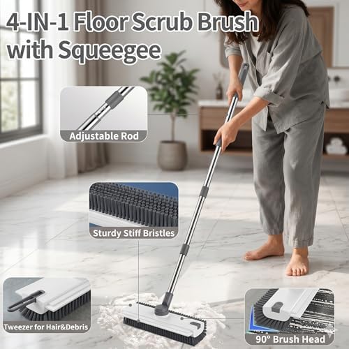 3 in 1 Floor Scrub Brush,Floor Scrubber with Squeegee and Tweezer, Push Broom with Long Handle,Heavy-Duty Stiff 90° Bristle Broom for Patio,Shower, Garage,Deck,Tile, Concrete & Wood Surface (White) - Image 3
