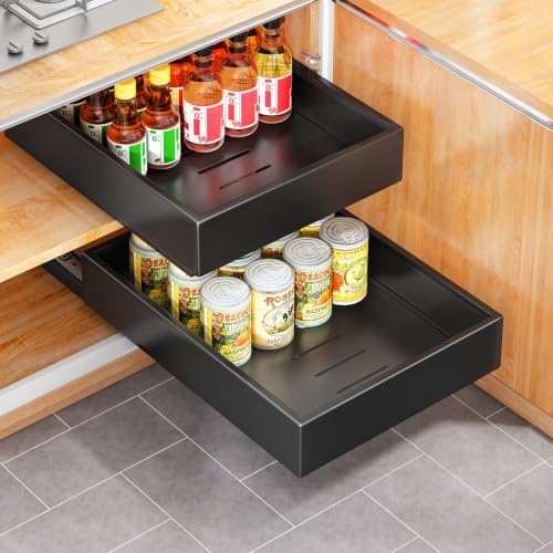 2Pack Pull out Cabinet Organizer, 21"Deep, Heavy Duty Full-extension Slide out Drawers for Kitchen Cabinet, Roll out Shelf Storage with Nano Adhesive for Pots,12"W x 21"D x 3.1"H, Black by Kitstorack