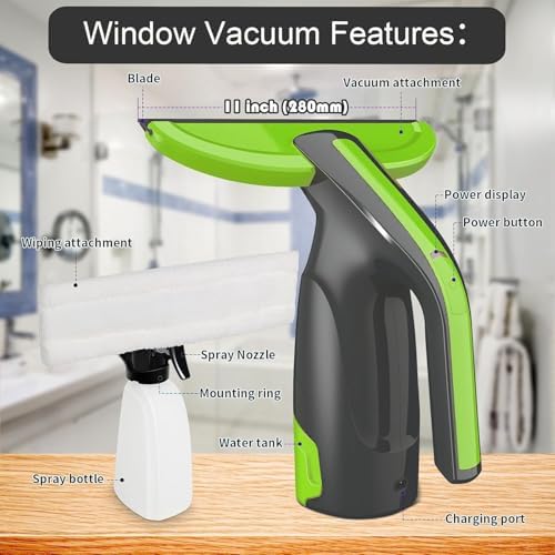 Window Vacuum Squeegee Cordless, 11" Rechargeable Window Vac Cleaner with Spray Bottle, Electric Squeegee for Windows, Tiles, Mirrors, 200ml Water Tank, WC04 - Image 4