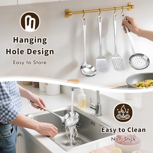 4 Pcs Cooking Utensils Set, Stainless Steel Kitchen Utensils, Heat Resistant Metal Kitchen Tools Include Solid & Slotted Turner Wok Spatula, Serving Spoon, Ergonomic Handle, Easy to Clean, Silver - Image 6