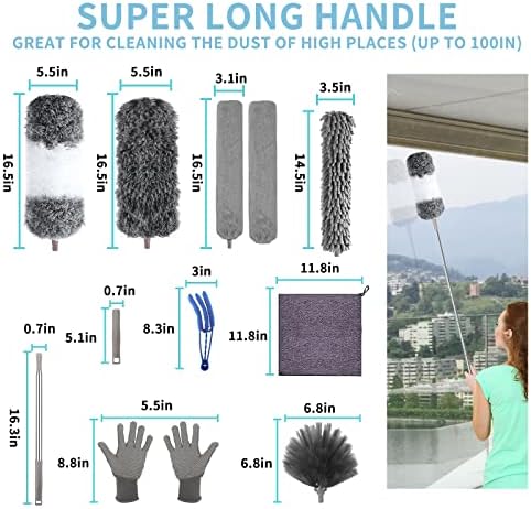 Microfiber Feather Duster with Extension Pole 30 to 100 inches, Reusable,Bendable, Washable Dusters for Cleaning Ceiling Fan, High Ceiling, Blinds, Furniture & Cars, 12PCS - Image 6