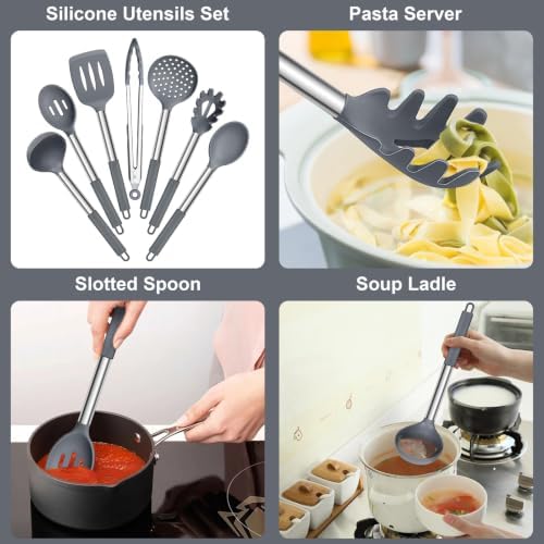 E-far Silicone Cooking Utensils Set, 7-Piece Gray Kitchen Utensils Set - Image 3