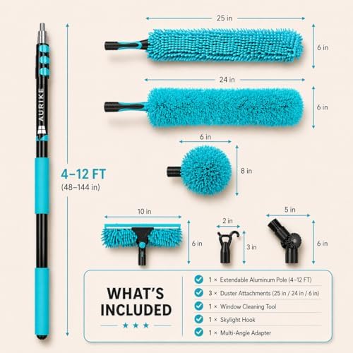 High Ceiling Duster Kit with 4-12FT Heavy Duty Extension Pole, Reaches Up to 20FT, Includes Microfiber Feather Duster, Cobweb and Ceiling Fan Duster, Window Squeegee Cleaner & Skylight Hook (12FT) - Image 3