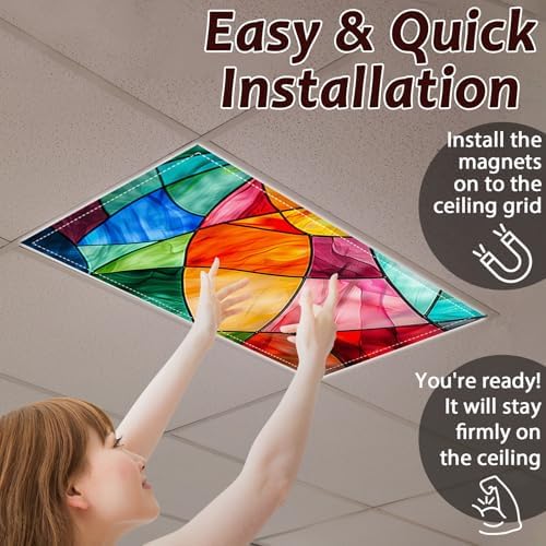 4 Pcs Fluorescent Light Covers for Classroom Ceiling Light 4 x 2 Feet Decorative Magnetic Lights Cover Filters Easy Install for School Office Home Hospitals Drop Ceiling Supplies (Retro Stained Glass) - Image 6