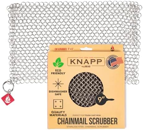 Knapp Made CM Scrubber 9" x 6" Small Ring Chainmail Cast Iron Scrubber, Premium Stainless Steel Mesh Cleaner for Pre-Seasoned Pans, Dutch Ovens, Grills and Skillets by BBQ-AID