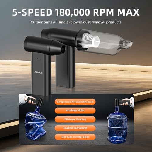 Electric Compressed Air Duster Vacuum Cleaner, LED Light 180000 RPM 5-Speed Handheld Mini Blower Storage Bag PC Cleaning Kit USB-C Rechargeable for Keyboard Home Outdoor Car BBQ Grill - Image 3