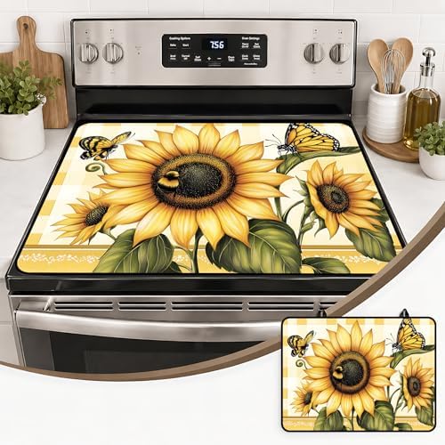 Electric Stove Top Cover - Heat Resistant Floral Stove Cover & Stove Top Protector, Reusable, Easy to Clean, Stylish Home Upgrade. (Sunflower Check, 28"L x 20"W) by seewan