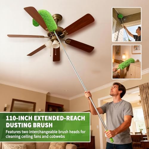 Cobweb Duster with Extension Pole, Washable Cleaning Duster Kit with 3 Duster Heads, Cobweb Duster, Corner Brush, Aluminum Telescoping Pole for high Ceiling Fan，Spider Web Brush with Extension Pole - Image 3
