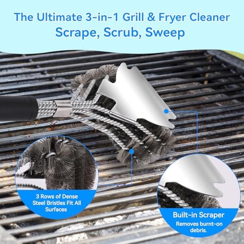 4-Piece Professional Deep Fryer Cleaning Kit - Commercial Stainless Steel Set with Dual-Layer Basket Brush, 3-in-1 Grill Scraper, L-Shape Brush & Drain Wand - Image 4