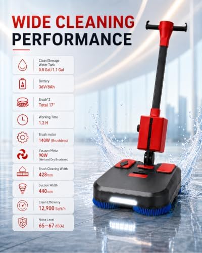 17" Commercial Floor Scrubber Machine Cordless with LED Light - Image 3
