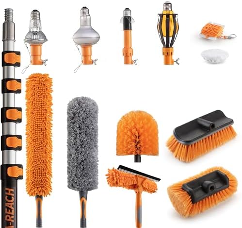 High Reach Duster Kit & Vinyl Siding Brushes with 7-24 ft Extension Pole & Light Bulb Changer Kit // House & Gutter Cleaning Brush // Suction Cup, Light Bulb Remover, Microfiber Cloth & Basket by EXTEND-A-REACH