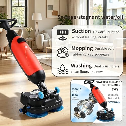 Commercial Self-Propelled Floor Scrubber Tile Polisher, 360° Rotating Cordless Carpet Extractor,43cm Dual-Brush Walk Behind Floor Scrubber Dryer, 36V Battery Grey - Image 4