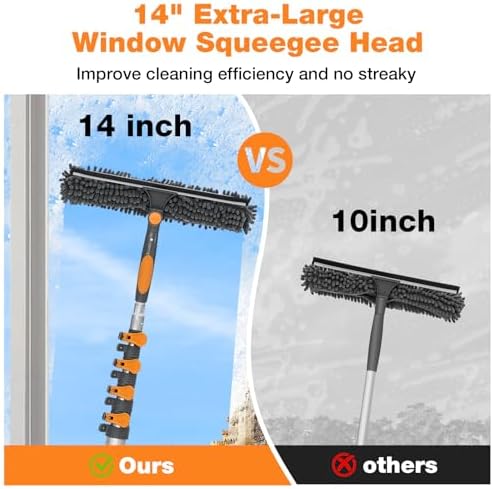 26Ft Window Squeegee with 5-19 FT Extension Poles, 2-in-1 Window Cleaning Kit with Telescopic Pole, Extra-Large 14" Window Squeegee Window Cleaner Tool with Adjustable Head, for High Window, Glass, RV - Image 2