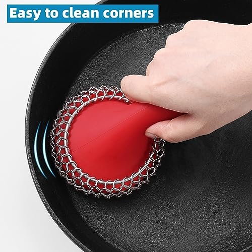 Cast Iron Scrubber,Stainless Chainmail Scrubber with Handle,Red - Image 4