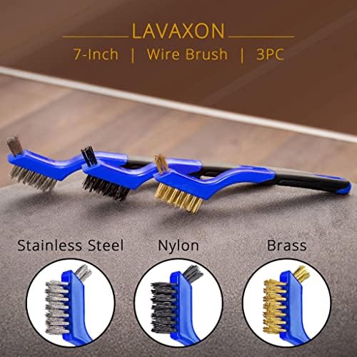 Lavaxon Wire Brush Set 3Pcs - Nylon/Brass/Stainless Steel Bristles with Curved Handle Grip for Rust, Dirt & Paint Scrubbing with Deep Cleaning – 7 Inches (Blue) - Image 4