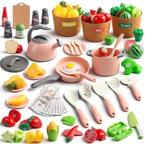 90Pcs Kitchen Playset Accessories, Pretend Cooking with Pots, Pans, Cookware, Food, Fruit, Veges, Color Sorting Baskets, Prop Money, Learning Gift for Girls Boys Toddlers (Pink) by JOKERKING