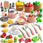 90Pcs Kitchen Playset Accessories, Pretend Cooking with Pots, Pans, Cookware, Food, Fruit, Veges, Color Sorting Baskets, Prop Money, Learning Gift for Girls Boys Toddlers (Pink) by JOKERKING
