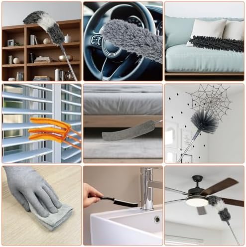 15 PCS Feather Dusters for Cleaning, Microfiber Duster with Extension Pole 100in, Extendable Duster for High Ceilings, Ceiling Fans, Baseboards, Blinds, Car Interior - Washable Reusable Dusting Tools - Image 7