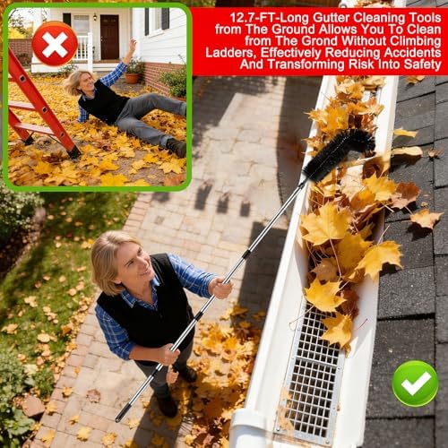 Gutter Cleaning Tools from The Ground - 12.7FT Long Adjustable gutter Cleaner & Brush, No Ladder Needed | Gutter Clean Out Tool Makes it Easy To Clean Leaves, Branches And Debris from Gutters - Image 3
