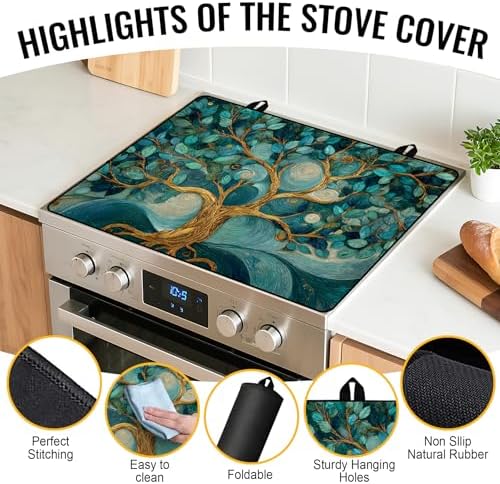 NYZE Stove Top Cover for Electric Stove 28x20 Inch Silicone Stove Topper & Protector, Decorative Kitchen Mat for Electric/Glass Stove Top (Teal Swirl Tree) - Image 2