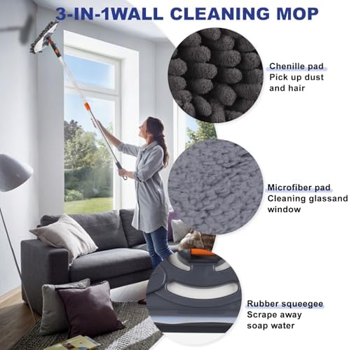 Wall Cleaner Mop with 79 Inches Long Handle, 360° Wall Washer Cleaner Tool for Walls/Ceiling Fans/Dust/Baseboard/Floors Clean, Ceiling Cleaner Tool Duster with Squeegee 6 Replacement Pads - Image 3