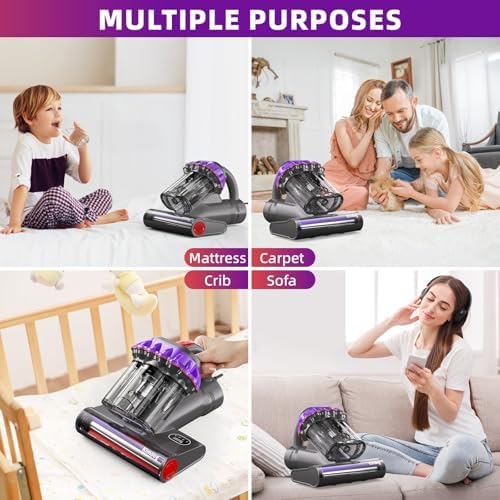 Mattress Vacuum Cleaner - 16Kpa Bed Vacuum with 253.7nm UV-C Light, 140°F Heat Ultrasonic & Hepa Filter, 500W Handheld Couch Cleaner with 3L Dust Cup for Pet Carpet Sofa Hair (D-Purple/Corded) - Image 5