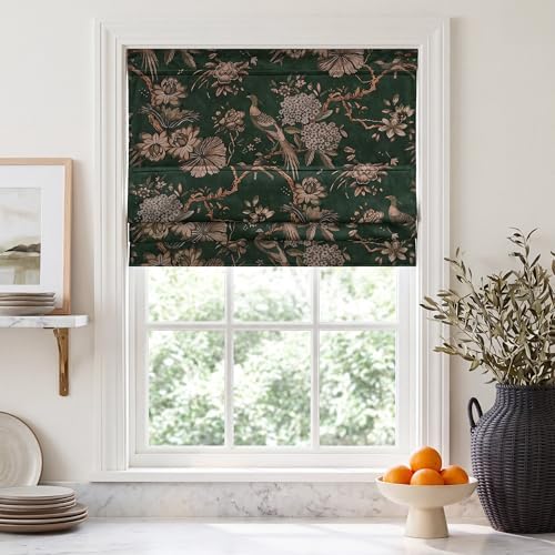 RYB HOME Patterned Velvet Roman Shade, Vintage Room Darkening&Thermal Insulated Cordless Blind, No Drill Magnetic Window Shade for Living Room/Bedroom, French Country Decor, W36xL64, 1 Panel - Image 2