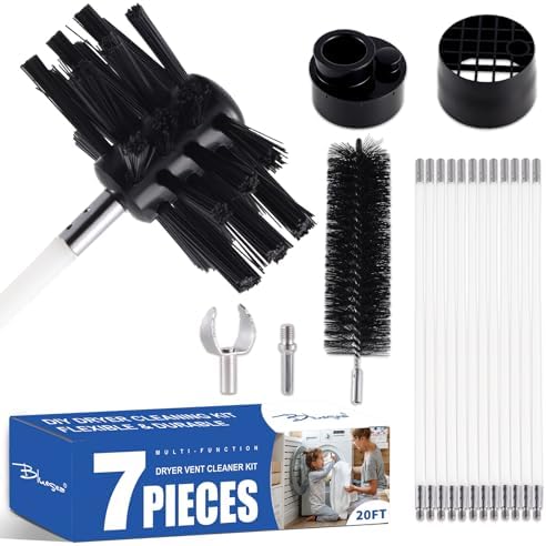 Bluesea 7 Pieces 20 Feet Dryer Vent Cleaner Kit, Reinforced Nylon Dryer Vent Cleaning Kit, Durable Dryer Vent Brush Vacuum Attachment with Flexible Lint Trap Brush, Vacuum & Dryer Adapters by Bluesea