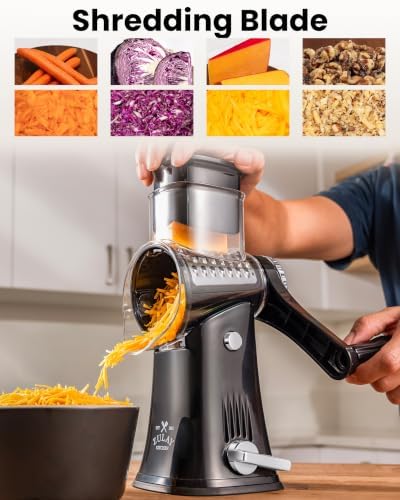 Rotary Cheese Grater Manual Hand Crank 5 Blade Shredder, Black & Chrome - Image 4