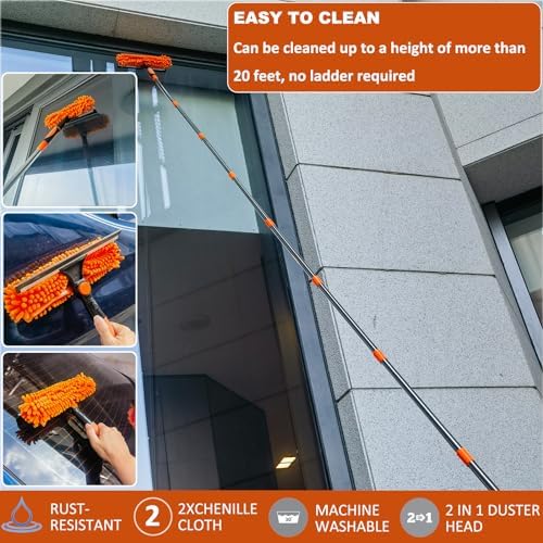 20+ Feet High Reach Duster Kit with 3-14 ft Extension Pole // High Ceiling Dusting and Window Cleaning Kit with Spliceable Pole - Window Washer & Squeegee, Cobweb Duster, Fan Blade and Feather Dusters - Image 3