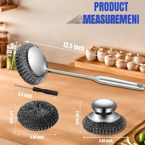 Steel Wool Scrubber with Handle: 7Pcs Stainless Steel Scrubber Brush Set – 1 Long Brushes,1 Short Brushes,4 Replaceable Pads,1 Screwdriver for Home Cooks,BBQ Enthusiasts,Anti-Scratch,for Kitchen - Image 2