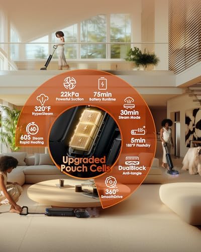 Tineco Floor One S9 Artist Steam Wet Dry Vacuum Cleaner, High-Temp Steam Cleaning, 22kPa Suction, 360° SmoothDrive, Anti-Tangle Design, 185°F Flashdry, Long Runtime, 180° Lay-Flat - Image 6