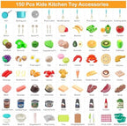 150Pcs Kitchen Playset, Toddlers Pretend Cooking Cookware Accessories, Food, Picnic Blanket, Fruits, Veges, 2Pack Shopping Storage Basket, Dessert and Prop Money, Gift for Kids (Turquoise) - Image 3