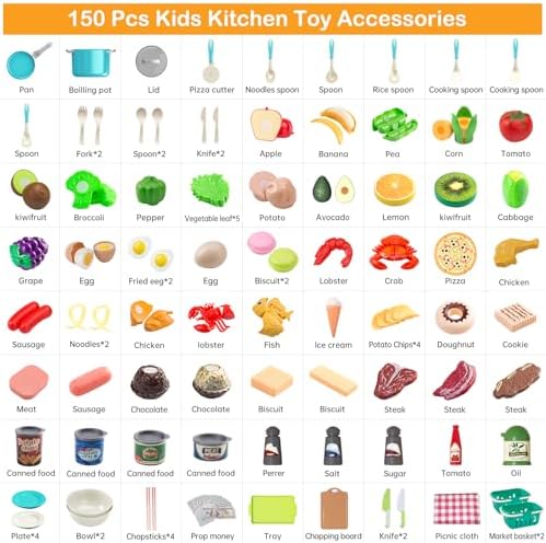 150Pcs Kitchen Playset, Toddlers Pretend Cooking Cookware Accessories, Food, Picnic Blanket, Fruits, Veges, 2Pack Shopping Storage Basket, Dessert and Prop Money, Gift for Kids (Turquoise) - Image 3