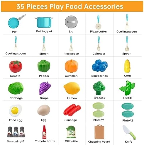 35Pcs Kids Kitchen Toy Accessories, Toddler Pretend Cooking Playset with Play Pots, Pans, Utensils, Cookware, Play Food Set, Toy Vegetables, Learning Gift for Girls & Boys (Turquoise) - Image 3