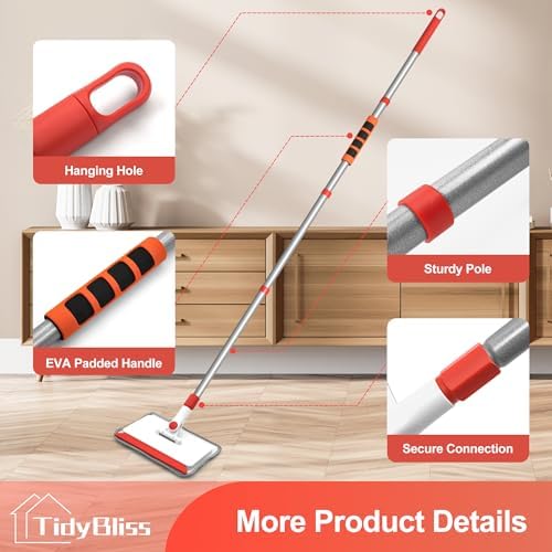 TidyBliss Baseboard Cleaner Tool with Handle, 55.9” Long Wall and Base Board Cleaning Mop, 4 Reusable Pads, 1 Stiff Bristle Scrubber Brush for Floorboard Ceiling Cabinet Window Bathroom Kitchen (Red) - Image 6