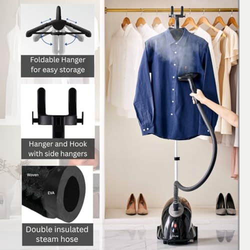 SALAV GS18-DJ Standing Garment Steamer with Roll Wheels for Easy Movement, 1.8L Water Tank for 1 Hour Continuous Steaming, Adjustable Pole for Storage, Includes Descaler Packet, 1500 watts - Image 5