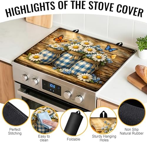 NYZE Stove Top Cover for Electric/Glass Stove, 28x20 Inch Stovetop Cover Flat Top Protector Dish Drying Mat for Kitchen (Blue Grid Daisy Jars) - Image 3
