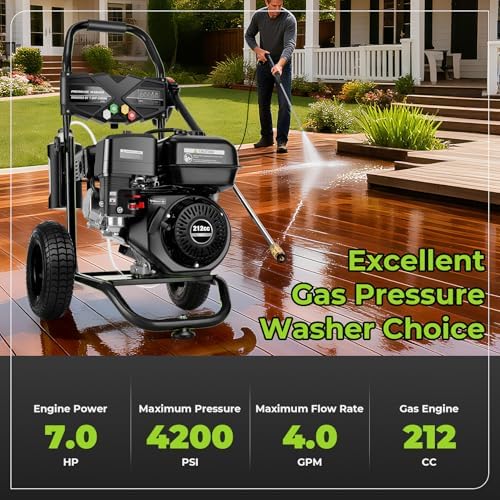 Professional 4200PSI 4GPM 212CC Gas Pressure Washer, 7.0HP Heavy-Duty 3600RPM Commercial/Household Gas Power Washer with 1L Foam Bottle 9" Wheels 5 Nozzles 25FT Hose (EPA/CARB/ETL Compliant), Black - Image 2