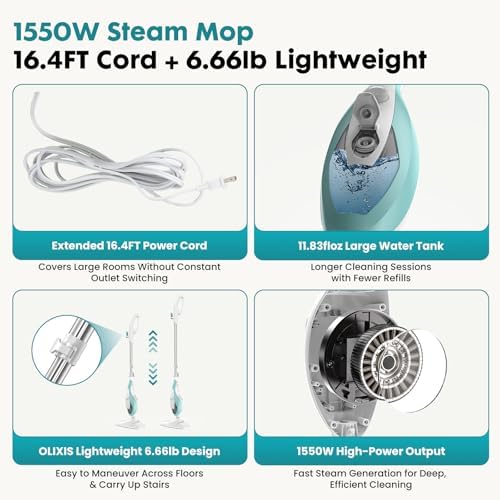 OLIXIS 10-in-1 Steam Mop, 1550W Detachable Handheld Steam Cleaner for Floor Cleaning, 16.4FT Cord, 2 Washable Pads, Multi-Purpose Floor Steamer for Hardwood, Carpet, Tile, Grout, Windows, White Green - Image 6