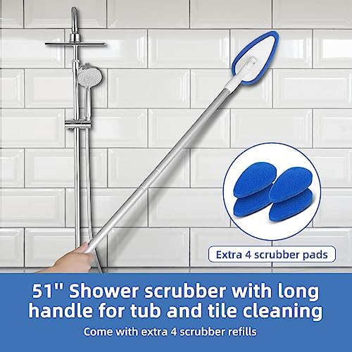 Qaestfy Shower Bathtub Tub Tile Scrubber Cleaning Brush with 51'' Handle, 5 Non-Scratch Scouring Pads, Adjustable Long Handled Scrub Brush for Cleaning Shower Bathroom Vessel Sinks Toilet Wall Floor - Image 2