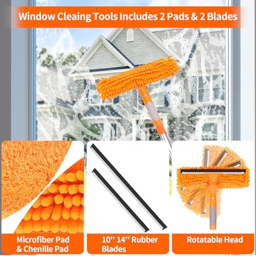 109" Window Cleaning Squeegee Kit, Professional 2 in 1 Squeegee Window Cleaner with Extension Pole, Window Washing Kit with 2 Blade 2 Pads for Indoor & Outdoor High Windows Car Glass - Image 3