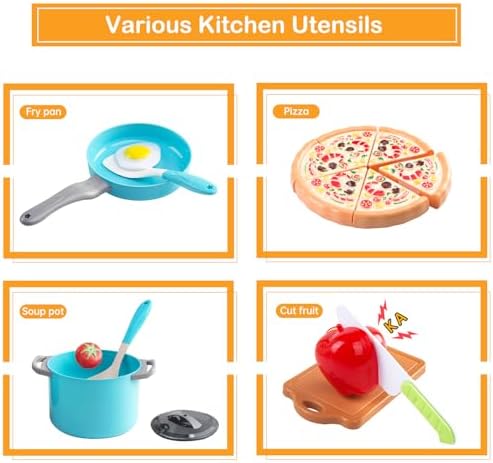 150Pcs Kitchen Playset, Toddlers Pretend Cooking Cookware Accessories, Food, Picnic Blanket, Fruits, Veges, 2Pack Shopping Storage Basket, Dessert and Prop Money, Gift for Kids (Turquoise) - Image 4