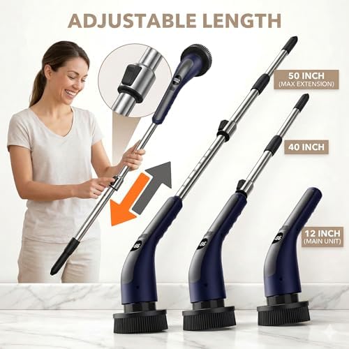 Electric Spin Scrubber with LCD Display, Cordless Cleaning Scrubber for Home, Upgraded 70W Dual Speed Motor, IPX7 Waterproof Power Scrubber, 7 Brush Heads, Extendable Long Handle - Image 3