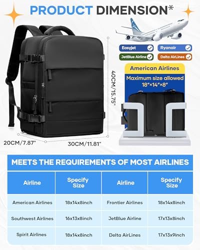 coofay Black Travel Backpack Carry on Flight Approved Mochila De Viaje Personal Item Backpack for Airlines Frontier Airlines Personal Item Bag Large Backpack for Travel Backpacks for Men Women - Image 3
