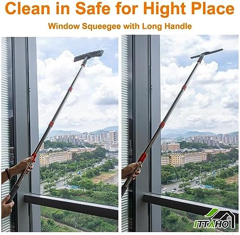 Squeegee for Window Cleaning,12" Squeegee and 11" Microfiber Scrubber Combi with Stainless Steel Pole,Extendable Window Cleaner for Car,Sliding Door,Shower Glass Door-Swivel Style-2 Pads - Image 2