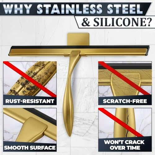 Stainless Steel Shower Squeegee, Glass, Silicone, 14 Inch (Gold) - Image 3