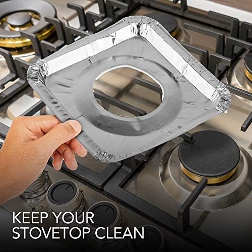 Disposable Gas Burner Liners (50 Pack) Aluminum Foil Square Gas Stove Burner Covers - 8.5 Inch Gas Range Protector, Stove Top Covers for Gas Burners, Foil Liners to Catch Oil, Grease, and Food Spills - Image 6